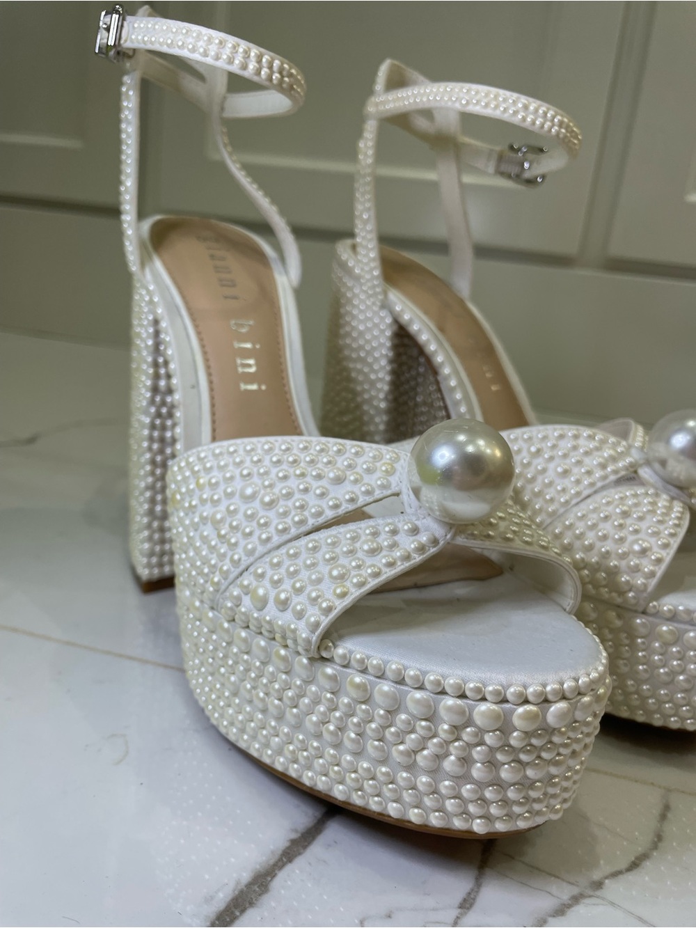 Gianni Bini White Pearl-Studded Platform Sandals - Picture 5 of 5